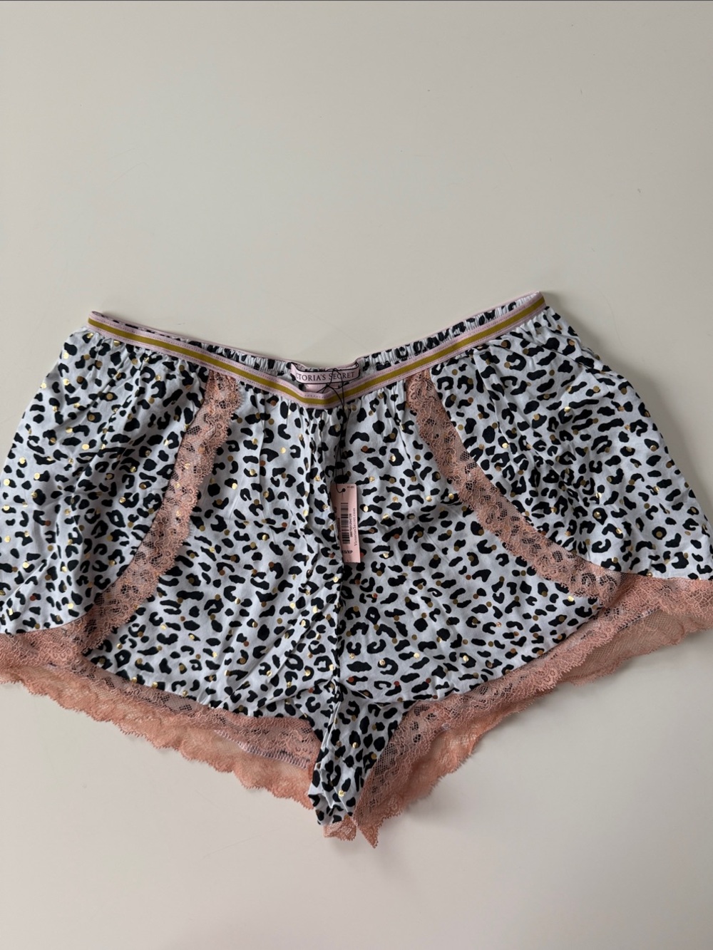 Victoria's Secret White Leopard Print Lace-Trim Pajama Shorts - Pink Trim